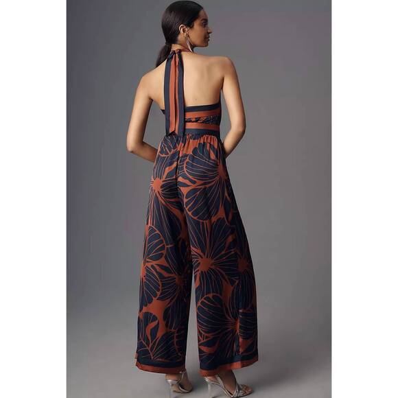 NEW HUTCH benny halter belted floral jumpsuit in orange/ navy - Picture 3 of 5